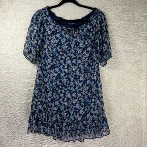 Kandy Kiss Shift Dress Women L Blue Floral Lined Scoop Ruffles Short Sleeve Boho